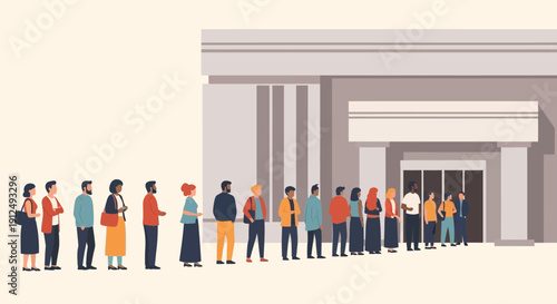 Diverse People Waiting in Line Outside Building.