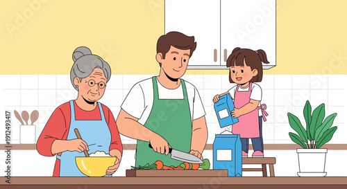 Family Members Cooking Together in Kitchen.