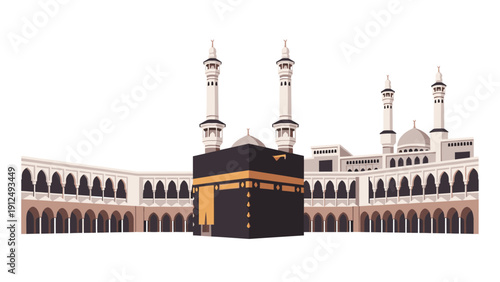 The Kaaba, a sacred black cube with gold accents, stands centrally in the Masjid al-Haram mosque complex in Mekkah, Saudi Arabia, with white arches and minarets against a clear sky.
