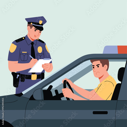Police Officer Writing a Traffic Ticket for Driver in Car, Law Enforcement Professional Performing Roadside Inspection Vector Illustration