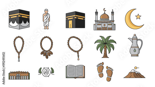 Flat lay illustration of various Islamic icons and symbols including the Kaaba, mosque, crescent moon, prayer beads, Quran, and palm tree on a white background.