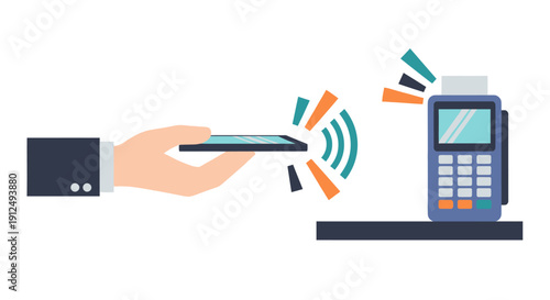 Hand holding smartphone near card machine.