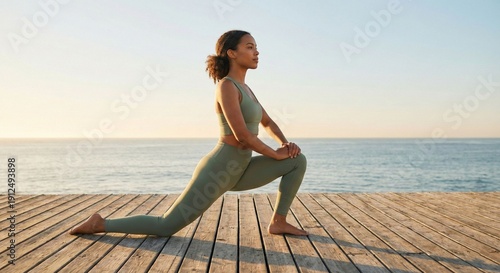 Peaceful Woman Stretching on Wooden Deck by Ocean