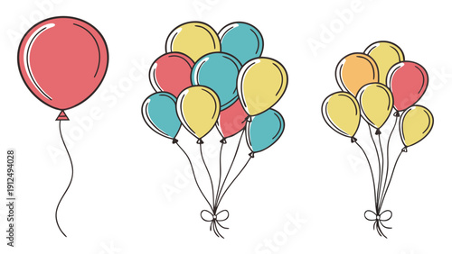 Set of colorful balloon bunches and clusters in various arrangements, vector illustration isolated on white background.eps