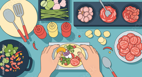 Hands Preparing Fresh Vegetable Dish.