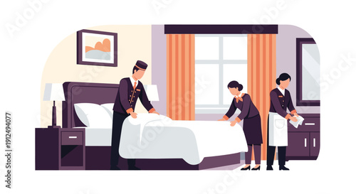 Hotel Staff Making Bed in Room.