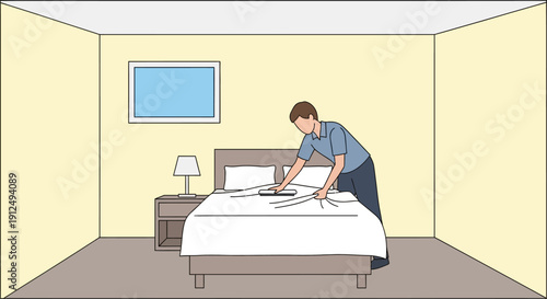 Housekeeper Making Bed in Hotel Room.