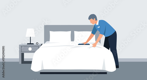 Hotel Staff Making Bed with White Linens.