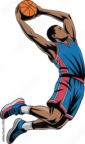 Professional Basketball Player Character Slam Dunk Action, Comic Book Style Vector Illustration of Athlete Jumping with Ball