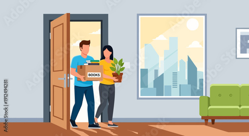 Man and Woman Carrying Boxes into Home.