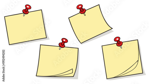 Set of Yellow Sticky Notes with Red Push Pins Isolated on White Background.eps