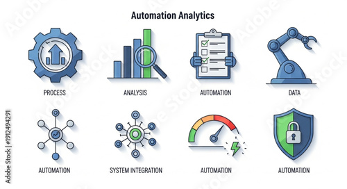 Automation Analytics Icons Representing Business Technology Concepts.