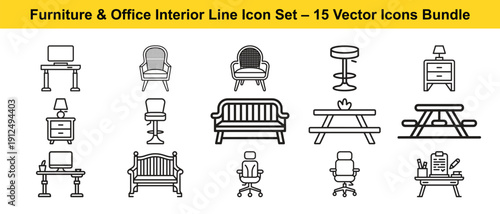 Furniture and office interior line icons set for design elements
