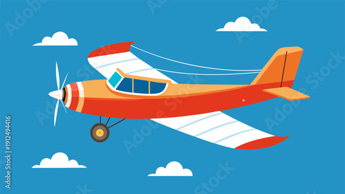 Red cartoon stunt plane soaring through white clouds, side view adventure concept..eps
