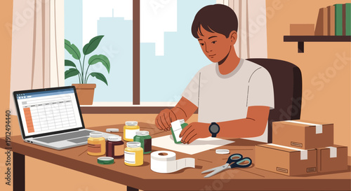 Man Packaging Items at Desk with Laptop.