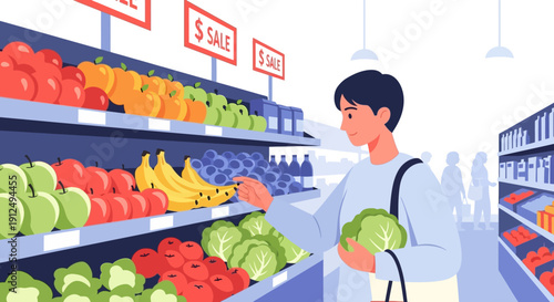 Man Shopping for Fresh Fruits and Vegetables.