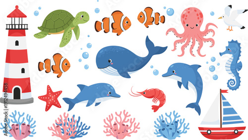 Lighthouse and marine life vector megaset with whale dolphins clownfish and sailboat for nautical branding and coastal decor