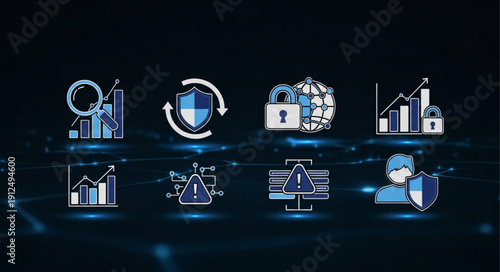 Digital Security Icons Representing Data Protection and Cyber Threats.
