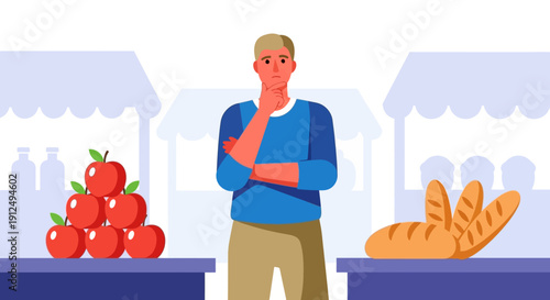 Man Standing Near Fresh Produce and Bread.