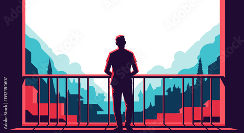 Man Standing on Balcony Looking Outdoors.