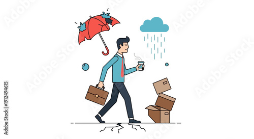 Man Walking in Rain with Umbrella Briefcase.