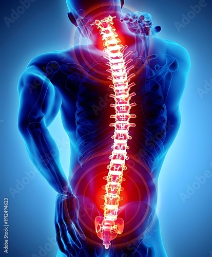 A digital illustration shows a man s spine highlighted in red indicating pain or inflammation in the neck and lower back