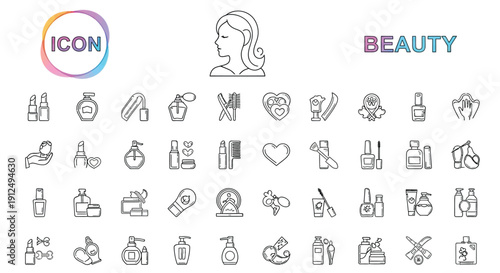 Beauty and cosmetic icons set in a linear style with a female face