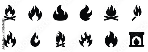 Fire flame black icon set. Fireball sign. Campfire symbol. Flame vector. Bonfire icons, flaming elements.