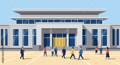 Modern Building with People Walking Outside.