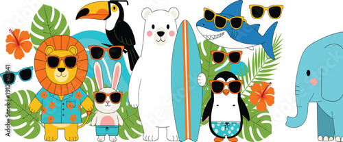 Summer vacation animal vector set with surfing polar bear lion in Hawaiian shirt and shark for seasonal travel and beach branding