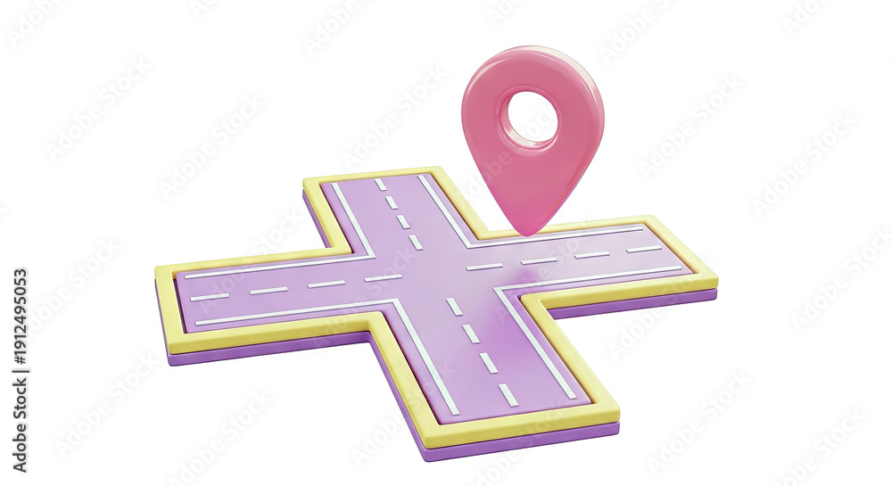 Obraz premium 3D Pin Icon on a Plus-Shaped Road Intersection
