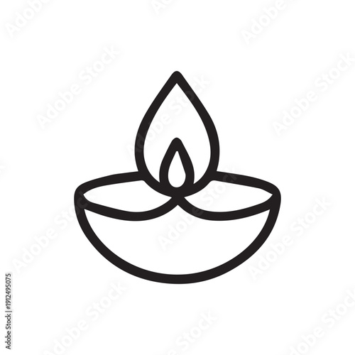 Simple Black Line Icon of a Traditional Diwali Diya Lamp with Flame