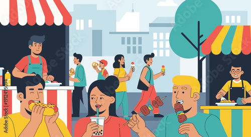 People Enjoying Ice Cream at Street Stall.