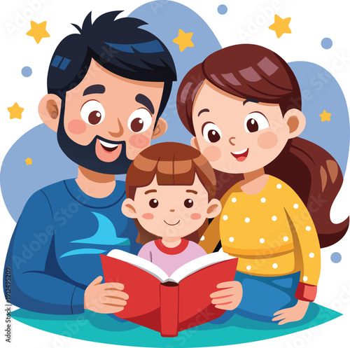 Happy Family Reading Bedtime Story Together Cartoon Illustration