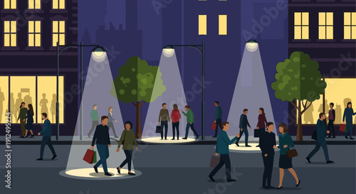 People Walking Around Illuminated Cone Structures.