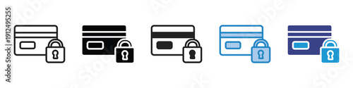Block credit card icon collection. Personal financial security. Technology to protect data and funds. Shows data security and protection.
