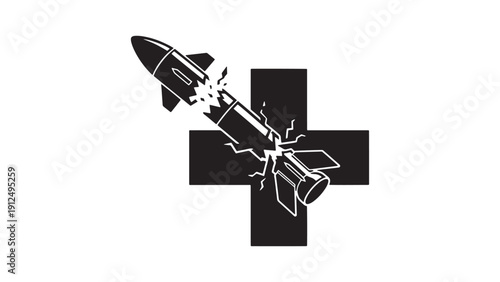 Missile Over Medical Cross in Square Frame, Symbolic Graphic of Warfare Impacting Health Services and Relief Funding Needs