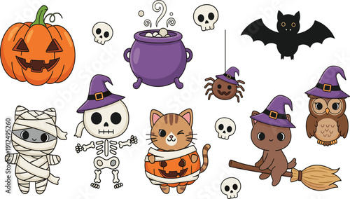 Halloween kawaii vector illustration set with cat mummy skeleton and pumpkin for spooky holiday branding and kids party decor