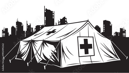 Emergency Medical Camp Tent at Night, Mobile Field Clinic Illustration for Disaster Relief, Rapid Deployment and Health Services
