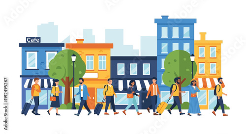 People Walking on City Street with Buildings.