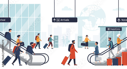 People Walking on Moving Escalators at Airport.