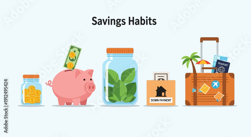 Piggy Bank and Savings Containers with Money.