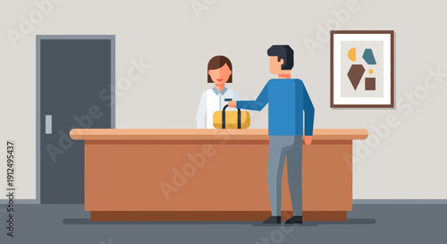 Receptionist and Man at Desk Interaction.