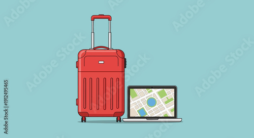 Red Suitcase and Laptop with Map Display.
