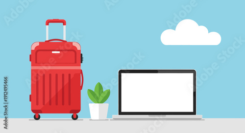 Red Suitcase with Laptop and Plant Nearby.