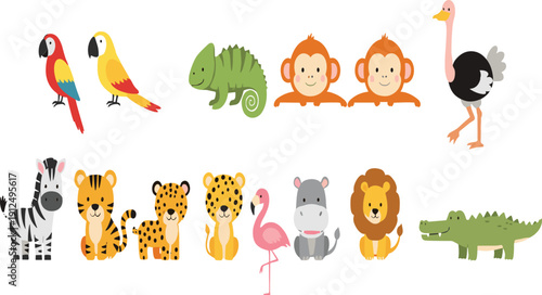 Zoo and savanna animal vector set with tiger lion zebra and flamingo for children's educational posters and wildlife branding
