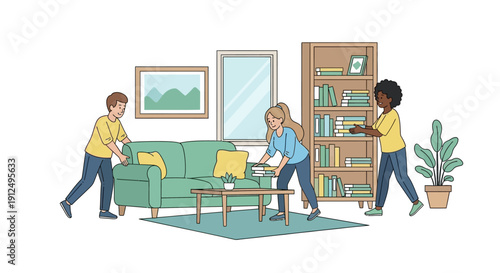 Three People Moving Furniture into Room.