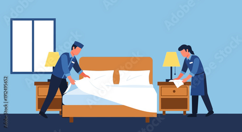Two Hotel Staff Making Bed Together.