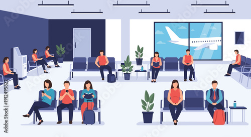 Waiting passengers in airport terminal with luggage.