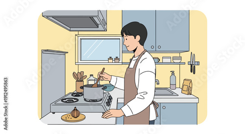 Woman Cooking in Modern Kitchen Interior.